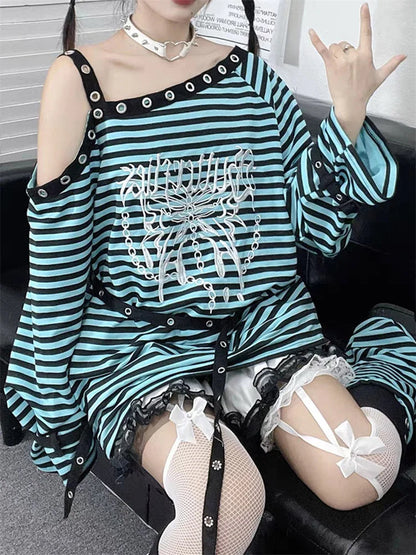 Gothic Punk Irregular One Shouler Striped Butterfly Print Shirt Top