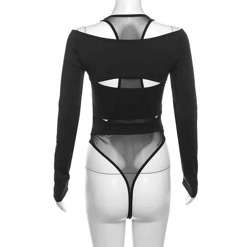 Gothic Y2K Cyberpunk Mesh Hollow Out Bodysuit