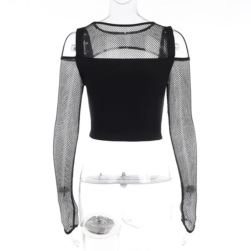 Gothic Y2k Fishnet Patchwork Hollow Out Cold Shoulder Long Sleeve Top