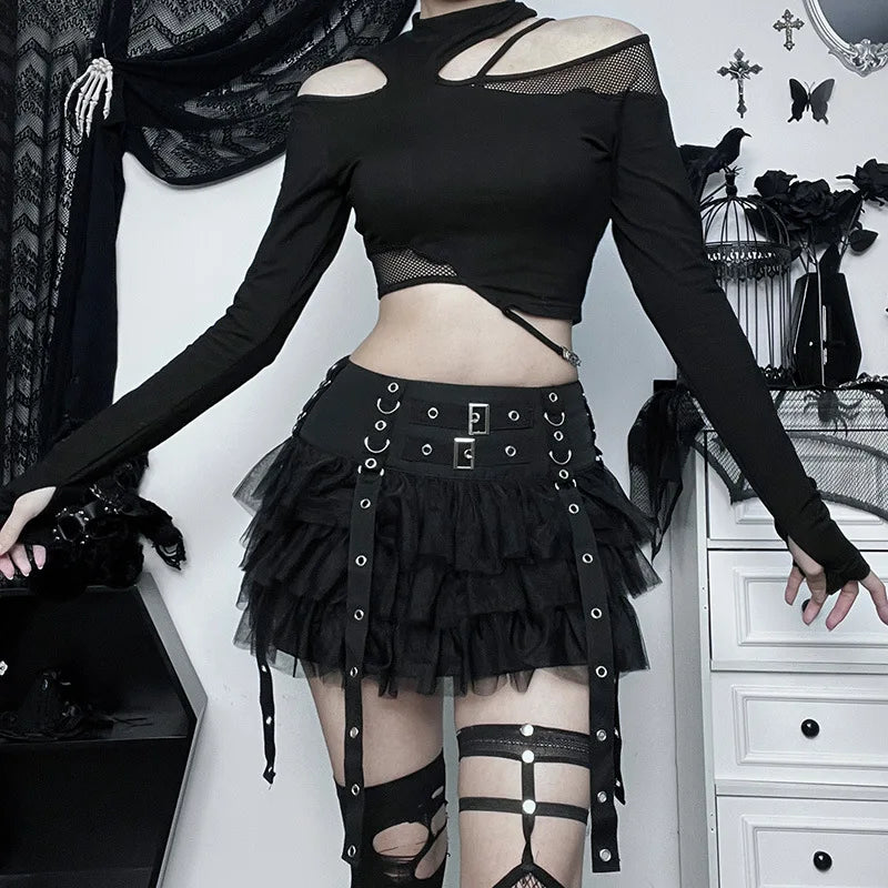 Gothic Ruffles Mesh Splice Buckles Mini Skirt