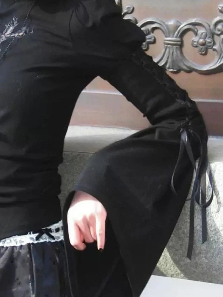 Gothic Alt Fairy Goth Harajuku Cross Embroidery Puff Flare Sleeve Top