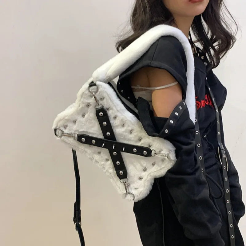 Gothic Alt Goth Y2K Bone Plush Studded Crossbody Shoulder Bag (available in 2 colors)