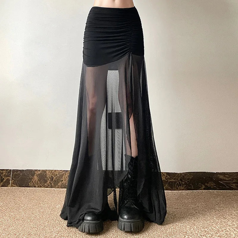 Gothic Alt Goth High Waist Mesh Patchwrok High Slit Long Skirt