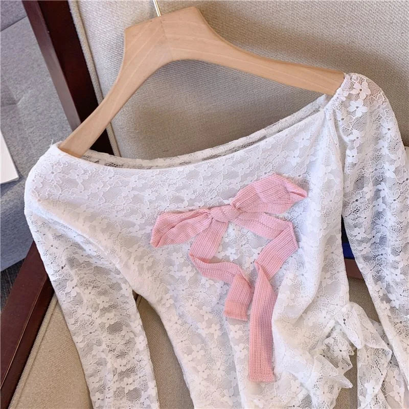Gothic Dark Coquette Y2K White Off Shoulder Pink Bow Long Sleeve Lace Top