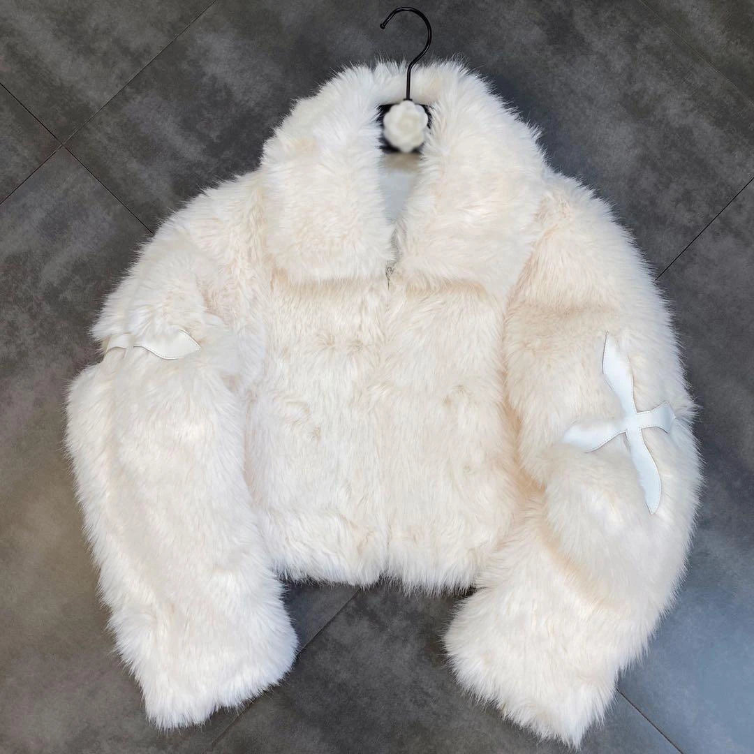 Gothic Alt Goth Y2K Cross Patch Faux Fur Jacket Coat (available in 2 colors)