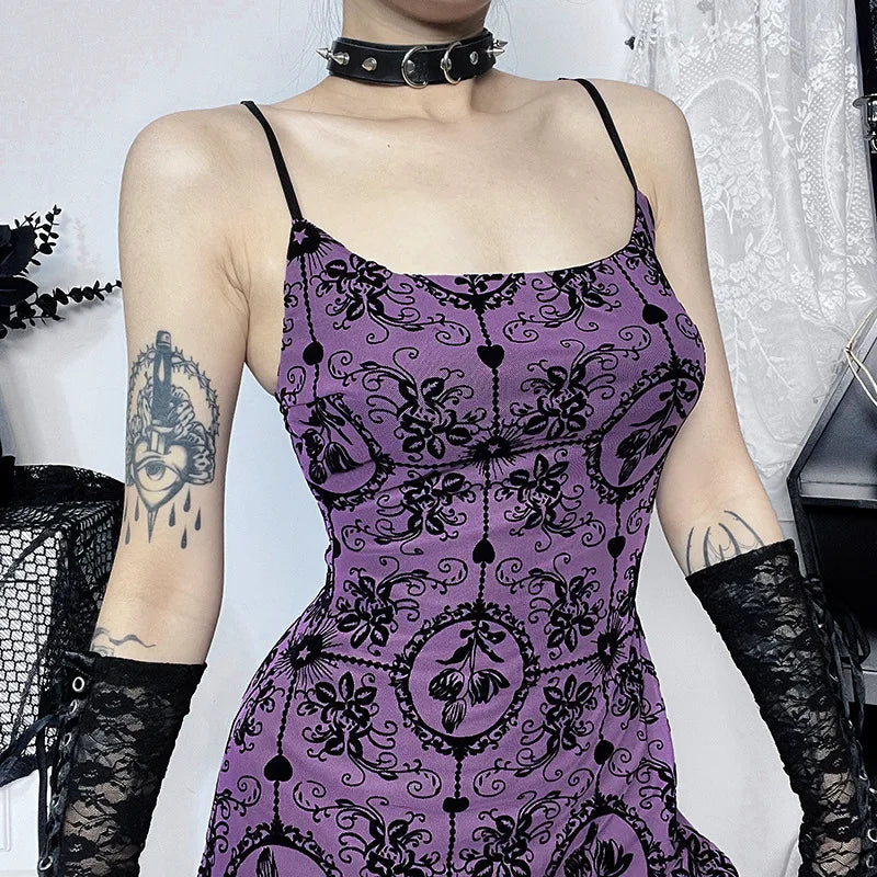 Gothic Alt Y2K Purple Sling Strap Sheer Mini Dress