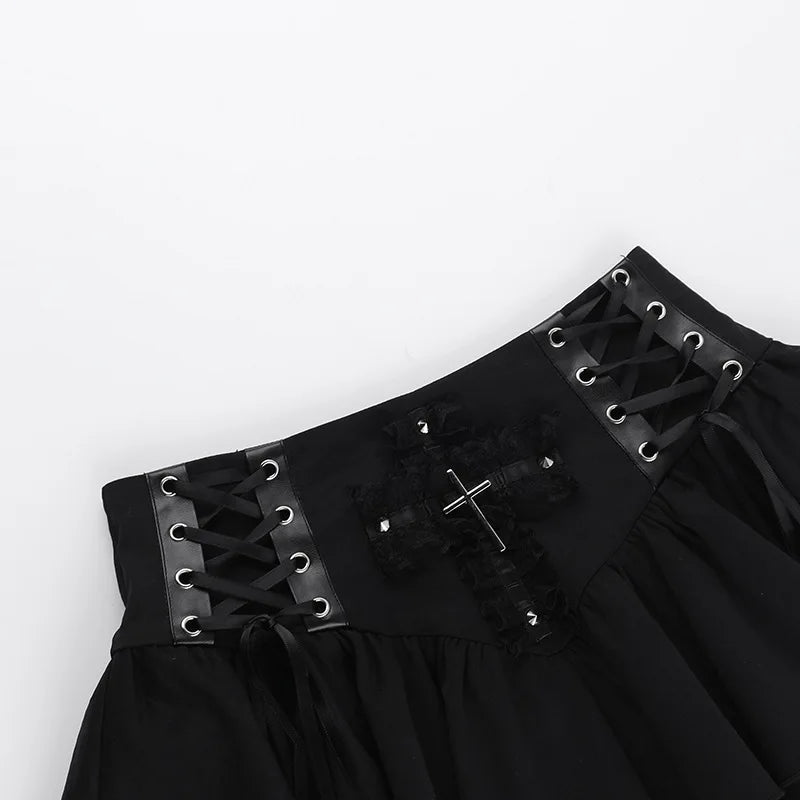 Gothic Alt Cross Patchwork Lace Up Pleated Mini Skirt