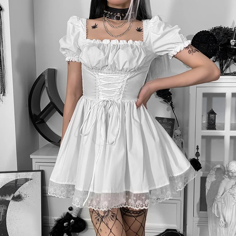Gothic Vintage Corset Waist Lace Trim Mini Dress (available in 2 colors)