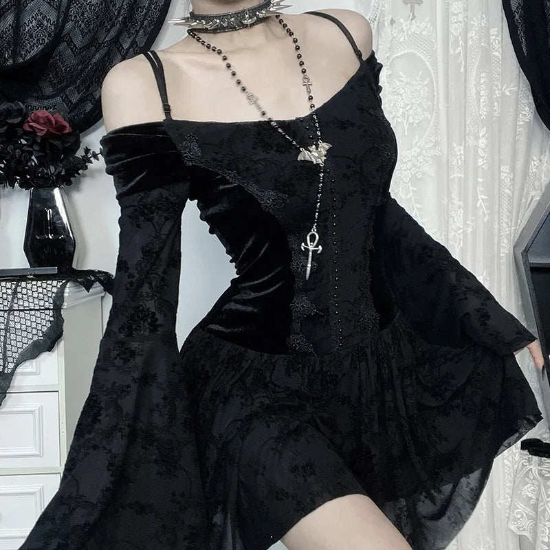 Gothic Vampire Goth Off Shoulder Velvet Sheer Flare Sleeves Mini Dress