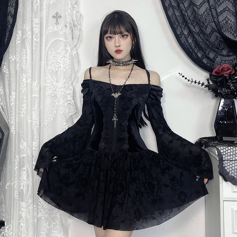 Gothic Vampire Goth Off Shoulder Velvet Sheer Flare Sleeves Mini Dress