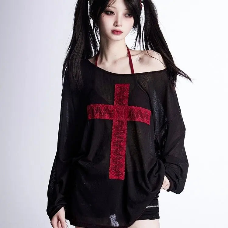 Gothic Y2K Alt Goth Cross Patchwork See Through Long Sleeve Top