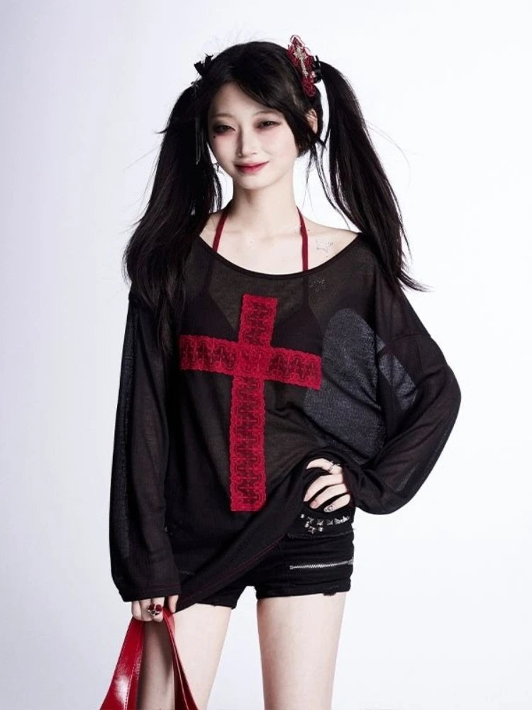 Gothic Y2K Alt Goth Cross Patchwork See Through Long Sleeve Top