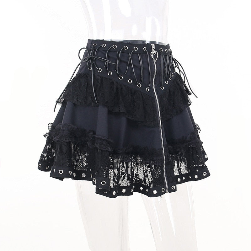 Gothic Lace Patchwork Grommet Zip Up Mini Skirt