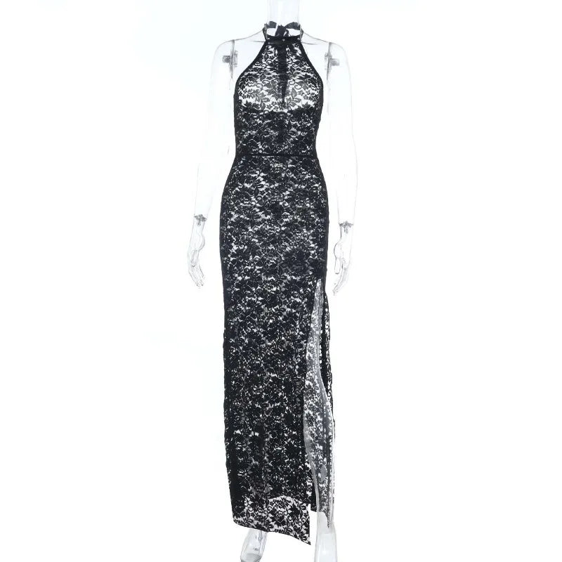 Gothic Alt Goth Halter Lace See Through High Slit Bodycon Long Dress