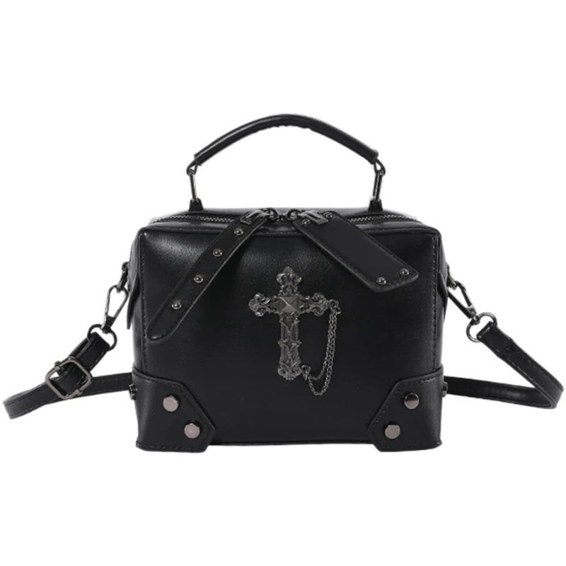 Gothic Punk Alt Goth Cross Skull Chain PU Leather Boxy Handbag Crossbody Bag with Top Handle