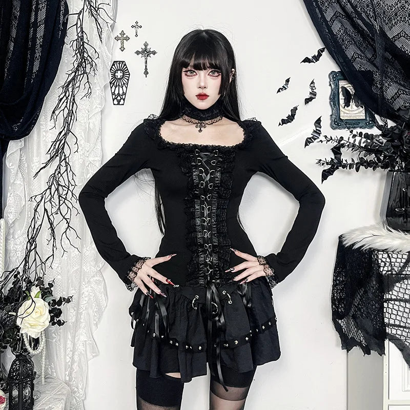 Gothic Romantic Goth Lace Ruffles Patchwork Square Collar Long Sleeve Top