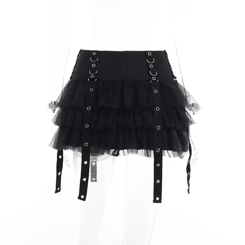 Gothic Ruffles Mesh Splice Buckles Mini Skirt