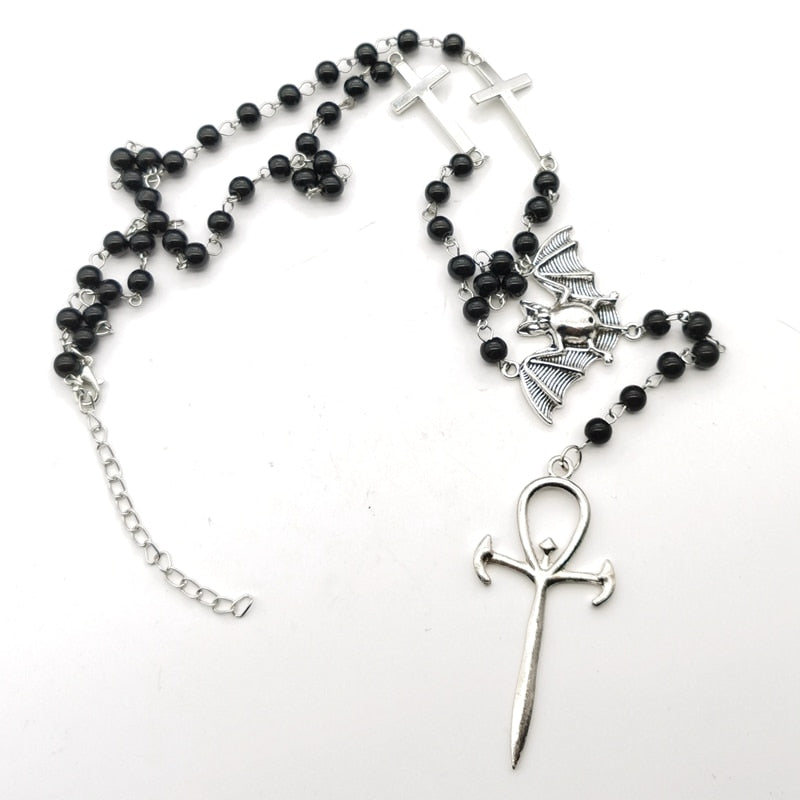 Gothic Bat Ankh Cross Rosary Necklace