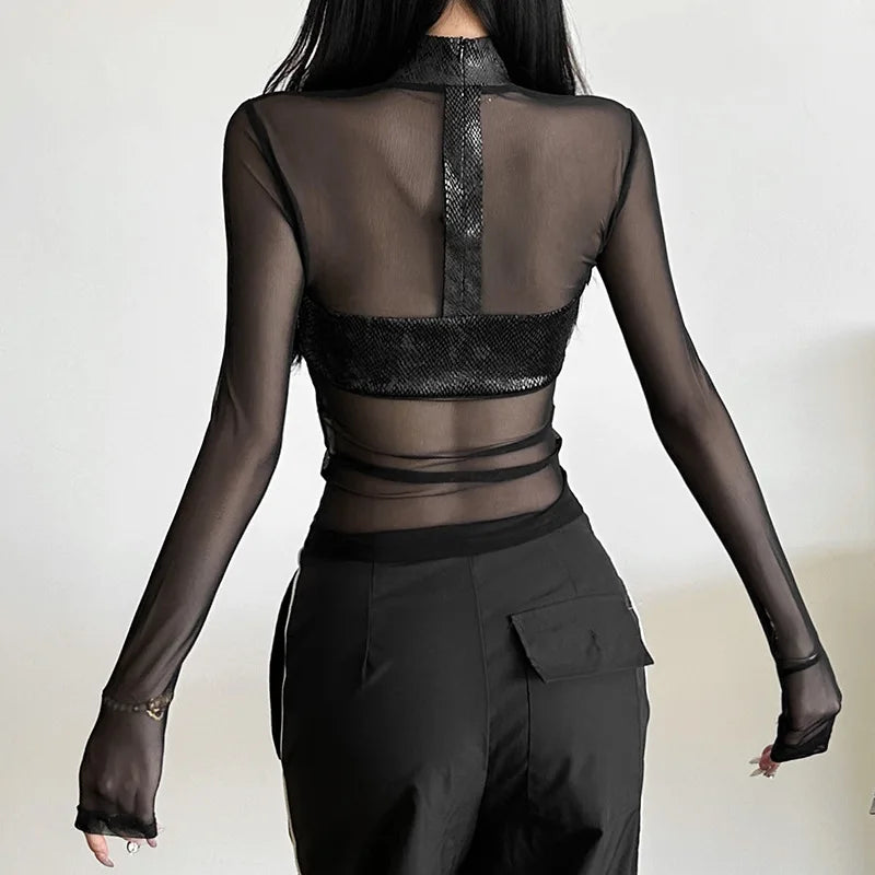 Gothic Alt Y2K Goth Cross Patchwork Mesh See-Through Long Sleeve Shirt Top