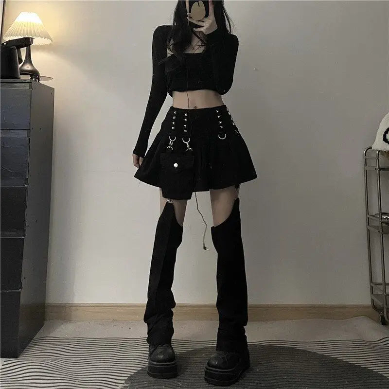 Gothic Punk Rivets Pleated Mini Skirt with Hollow Out Trouser Leg Warmer