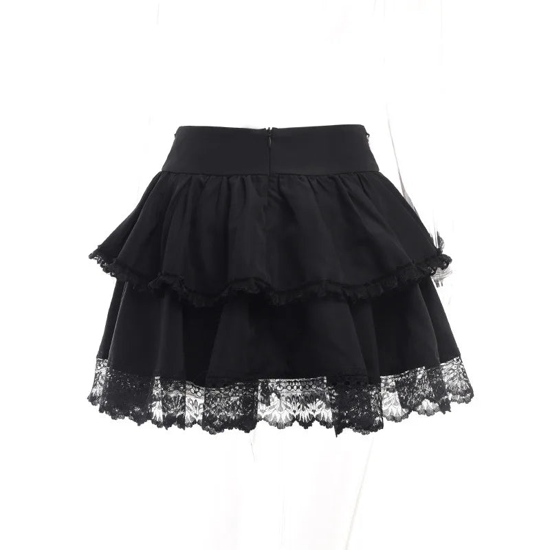 Gothic Romantic Chain Cross Lace Up Waist Cake Mini Skirt