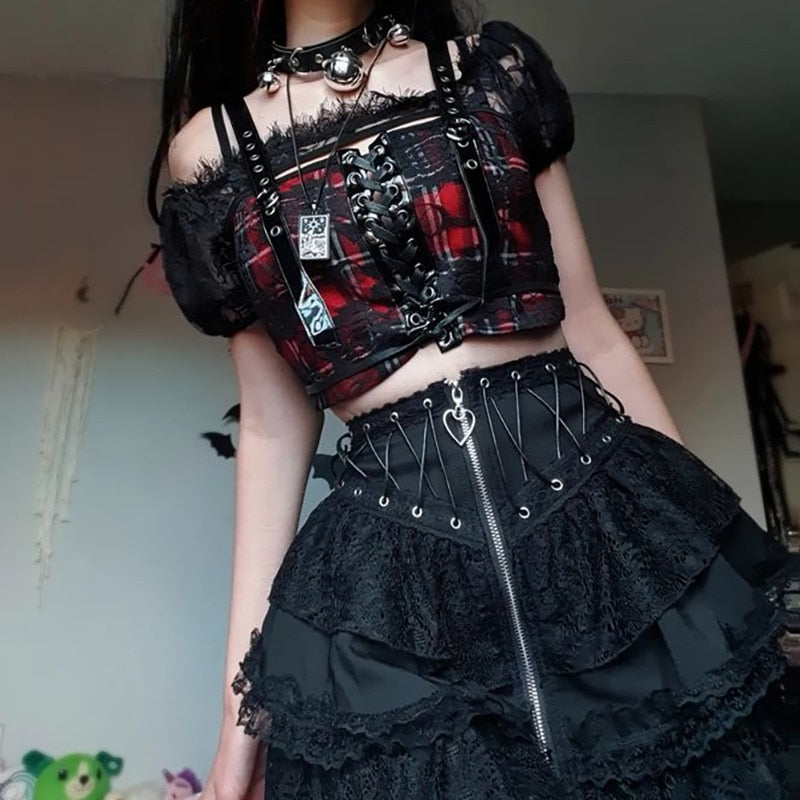 Gothic Lace Patchwork Grommet Zip Up Mini Skirt