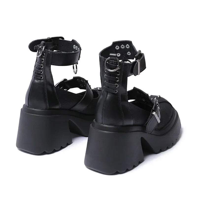 Gothic Alt Goth Punk Spikes Ring Rivets Platform Heels Mary Janes Pumps