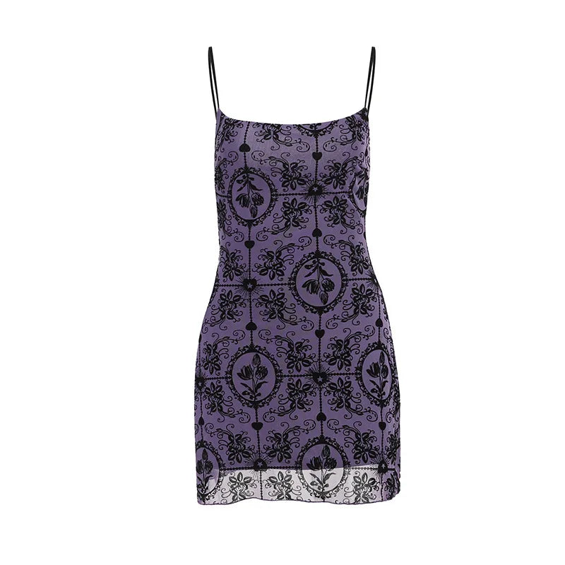 Gothic Alt Y2K Purple Sling Strap Sheer Mini Dress