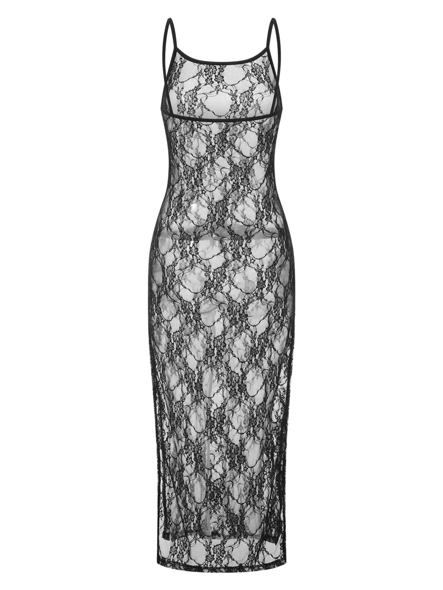 Gothic Romantic 90s Goth Black Lace See Through Spaghetti Strap Long Bodycon Dress