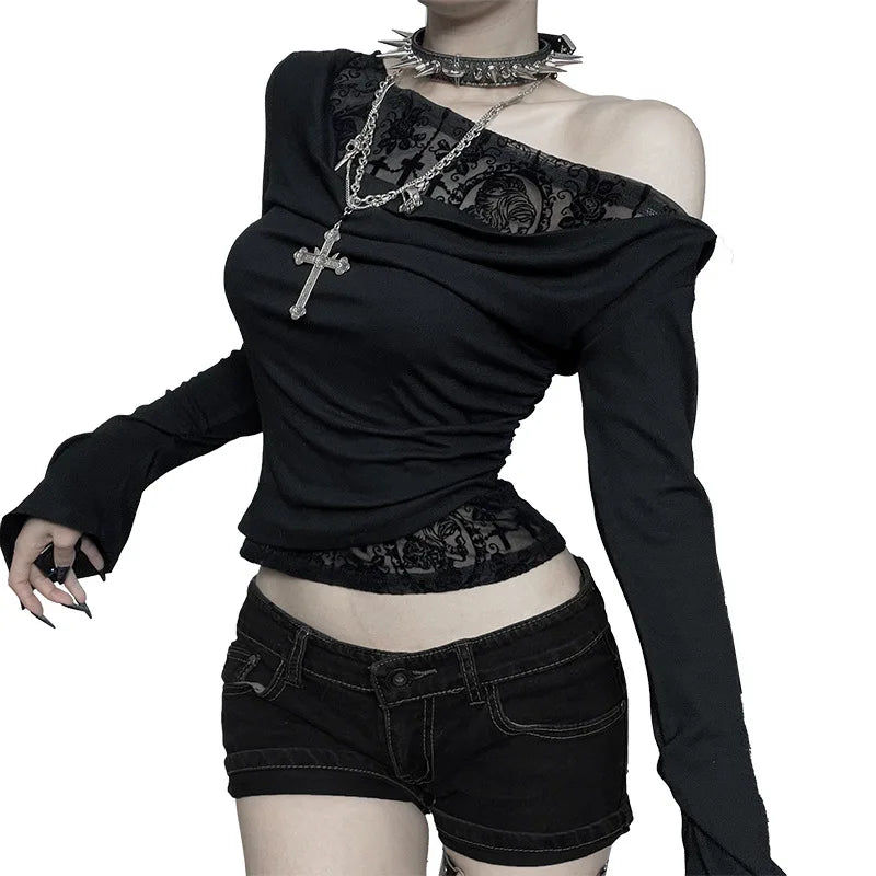 Alt Gothic Off Shoulder Lace Mesh Patchwork Long Sleeve Top