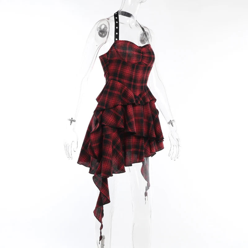 Gothic Grunge Y2K Red Plaid Irregular Hem Halter Mini Dress