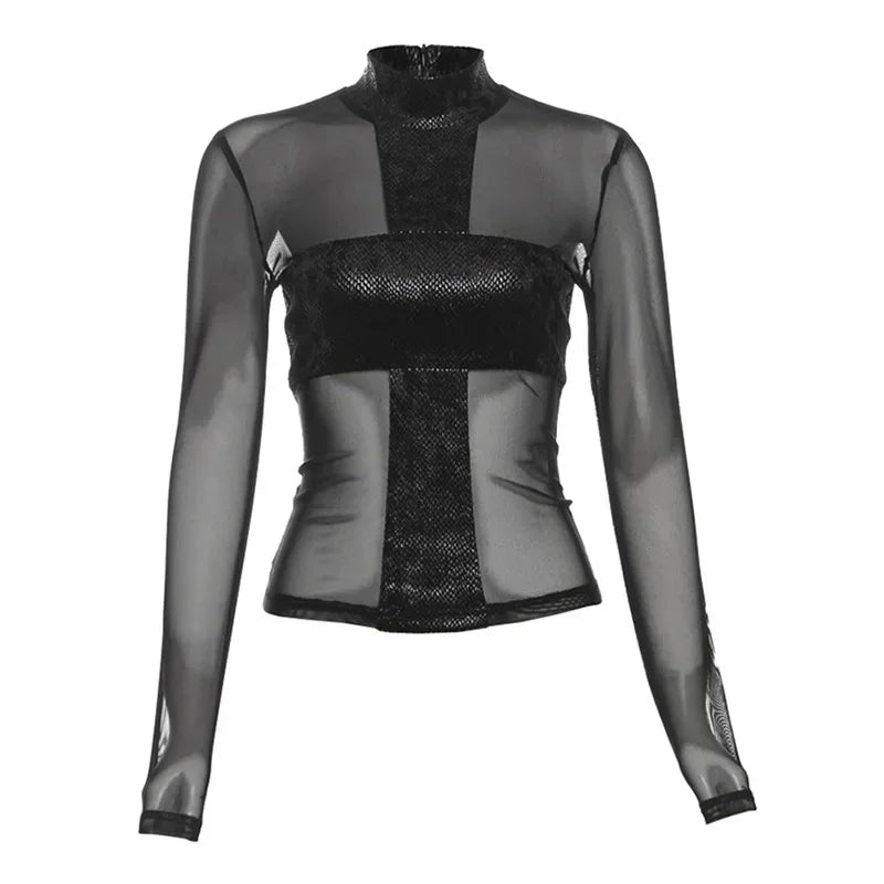 Gothic Alt Y2K Goth Cross Patchwork Mesh See-Through Long Sleeve Shirt Top