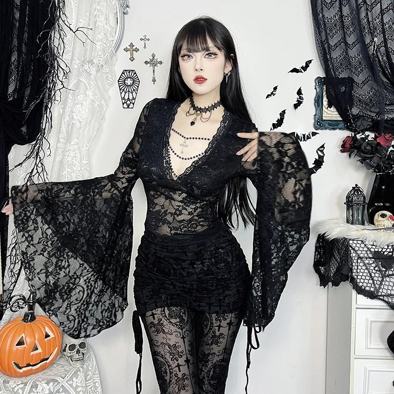 Gothic Vampire V-Neck Chain Beads Lace Bell Sleeves Top
