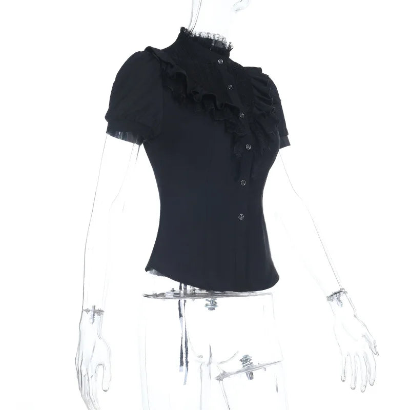 Gothic Victorian Goth Lace Patchwork Hollow Out Short Sleeve Blouse Top