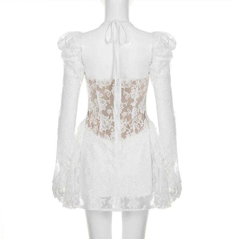 Gothic Romantic Goth Puff Sleeve Corset Waist White Lace Mini Dress