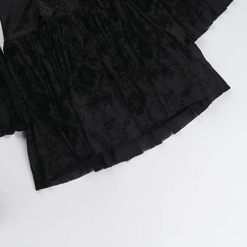 Gothic Vampire Goth Off Shoulder Velvet Sheer Flare Sleeves Mini Dress