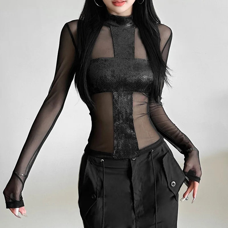 Gothic Alt Y2K Goth Cross Patchwork Mesh See-Through Long Sleeve Shirt Top