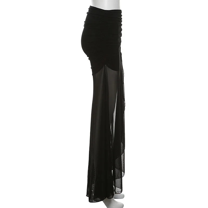Gothic Alt Goth High Waist Mesh Patchwrok High Slit Long Skirt