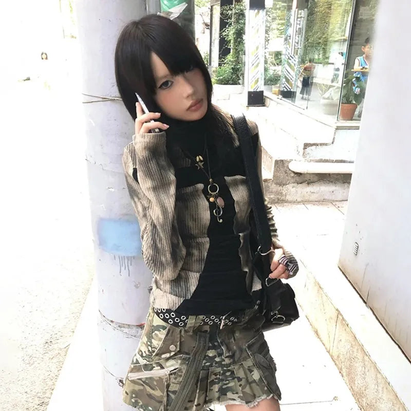 Gothic Grunge Y2K Cross Patchwork Ribbed T-shirt Top