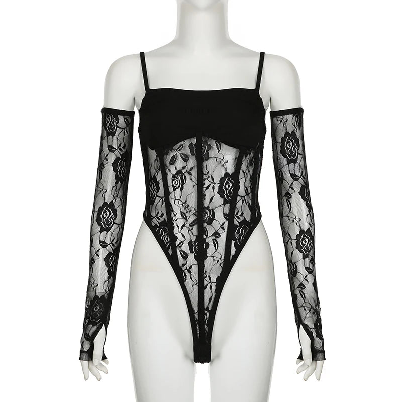 Gothic Romantic Lace Bodysuit Top with Lace Fingerless Gloves