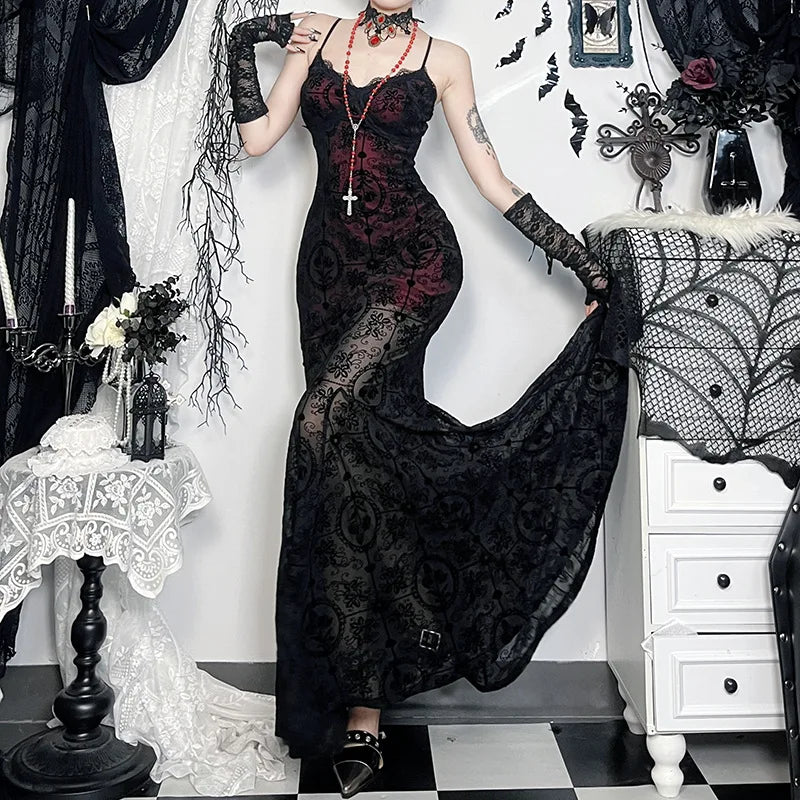 Gothic Alt Goth Dark Vintage Sheer Overlay Spaghetti Strap Dress