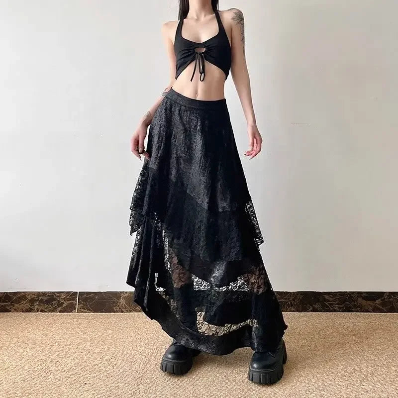 Gothic Romantic Goth Lace Patchwork Irregular Hem Skirt
