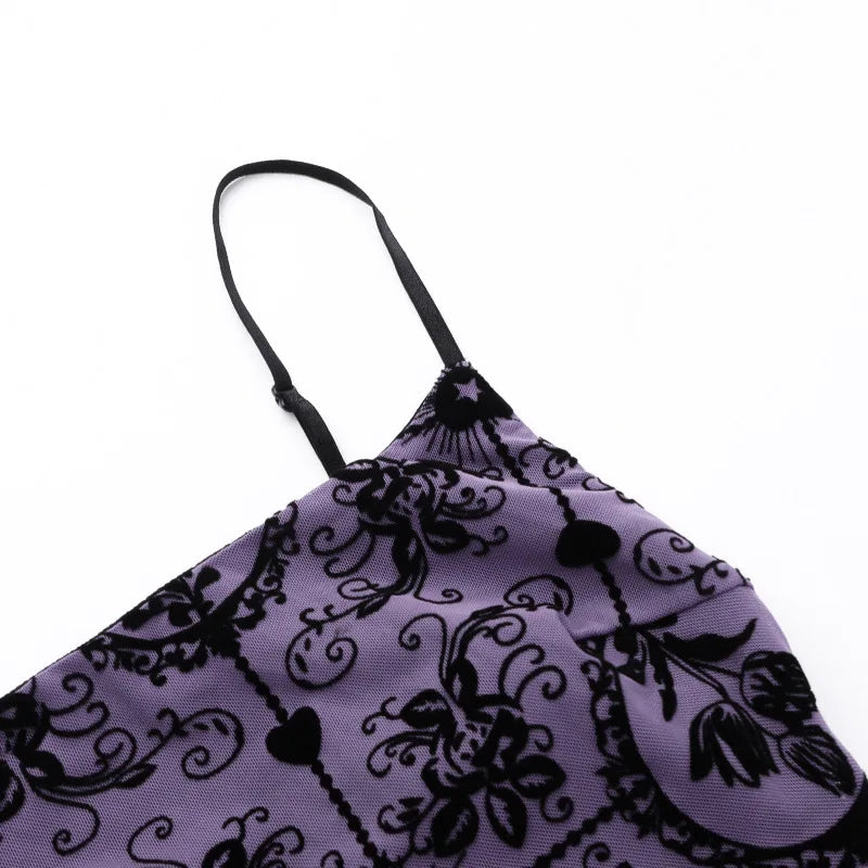 Gothic Alt Y2K Purple Sling Strap Sheer Mini Dress