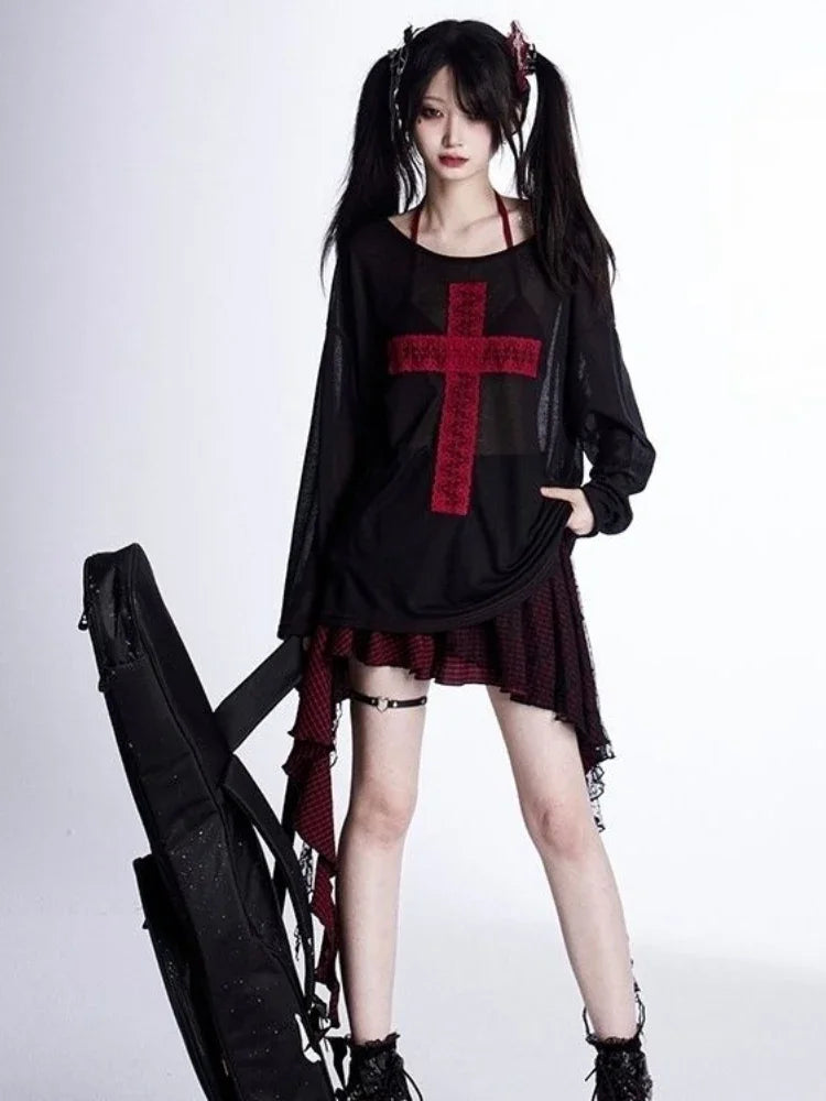 Gothic Y2K Alt Goth Cross Patchwork See Through Long Sleeve Top