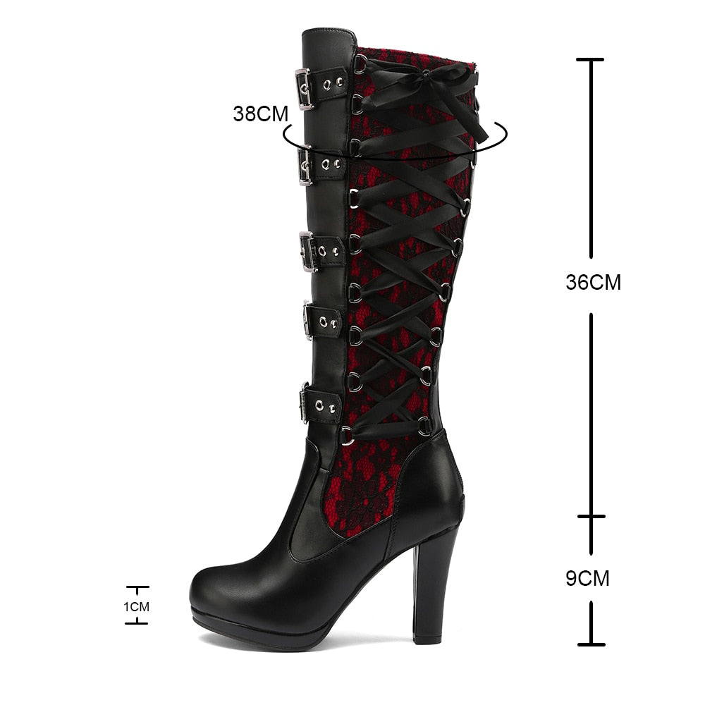 Gothic Multiple Belt Buckle Lace Knee High Boots