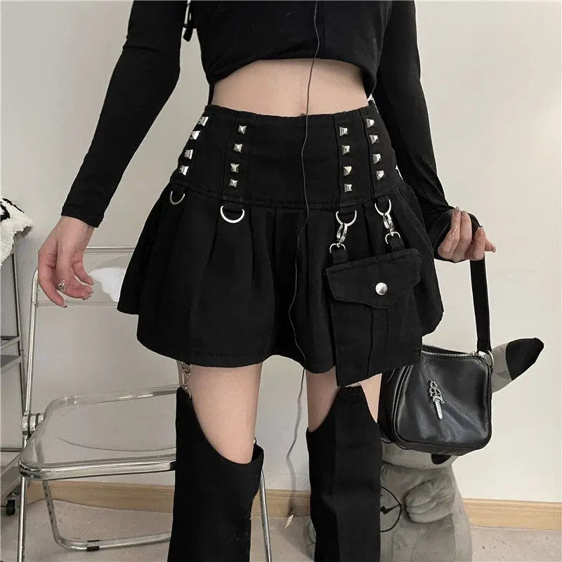 Gothic Punk Rivets Pleated Mini Skirt with Hollow Out Trouser Leg Warmer