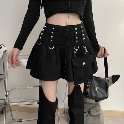 Gothic Punk Rivets Pleated Mini Skirt with Hollow Out Trouser Leg Warmer