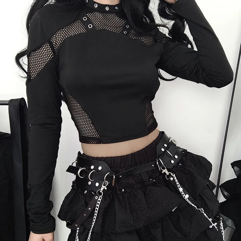 Gothic Fishnet Grommet Long Sleeve Top