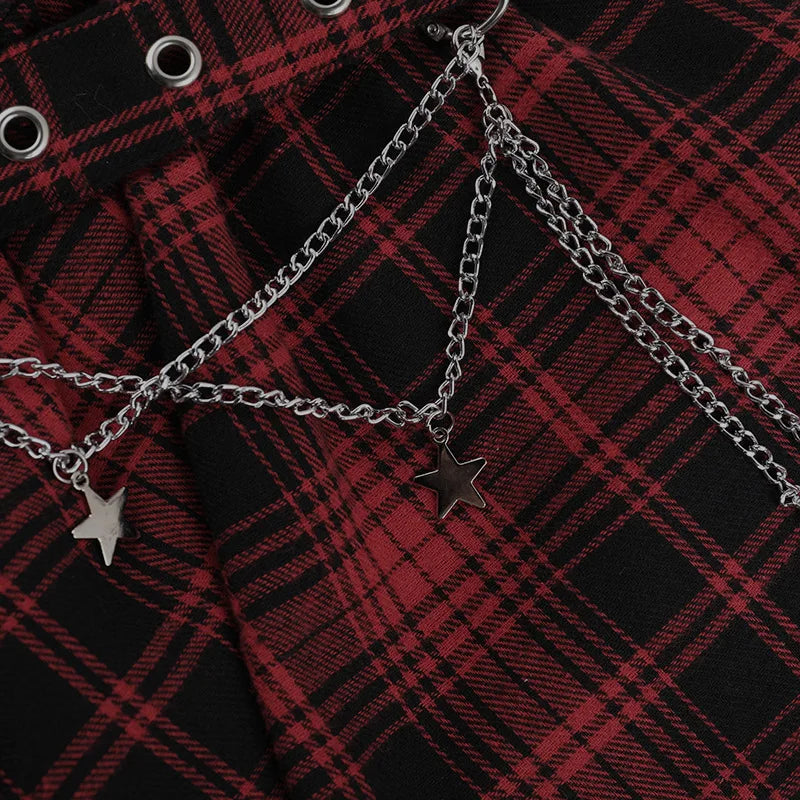 Gothic Grunge Alt Goth Harajuku Black Red Plaid Irregular Hem Mini Skirt