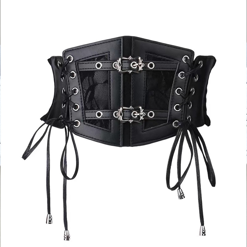 Gothic Leather Lace Buckles Wide Corset Belt